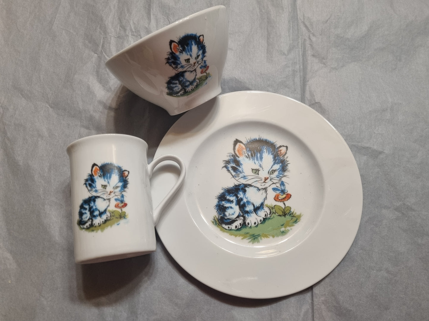 Assiette Dessert + Bol + Mug en Porcelaine Enfant Décor Chat