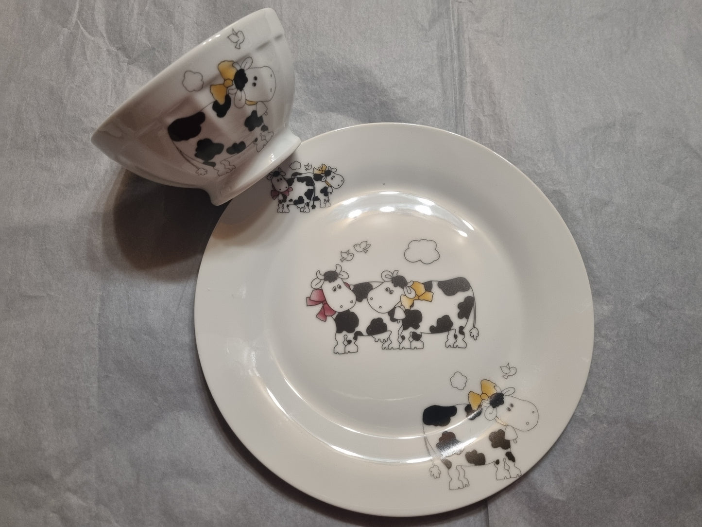 Assiette Dessert + Bol en Porcelaine Enfant Décor vache