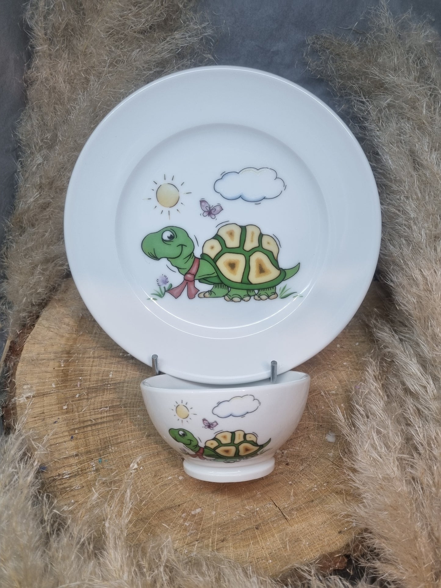 Assiette Dessert + Bol en Porcelaine Enfant Décor Tortue