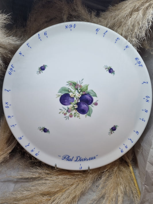 Plat à Tarte Diviseur en Porcelaine Décor Prunes
