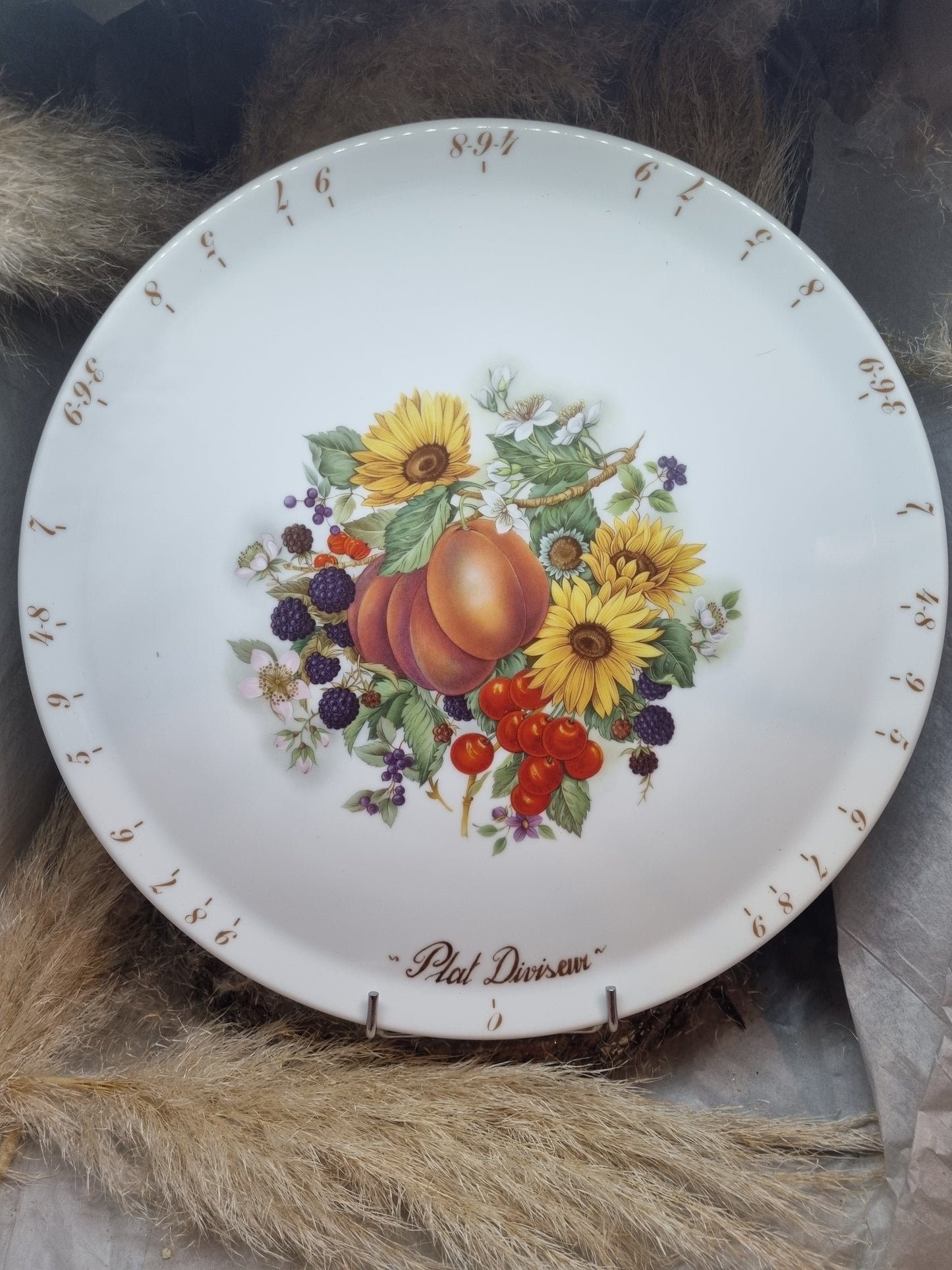 Plat à Tarte Diviseur en Porcelaine Décor Fleurs et Fruits