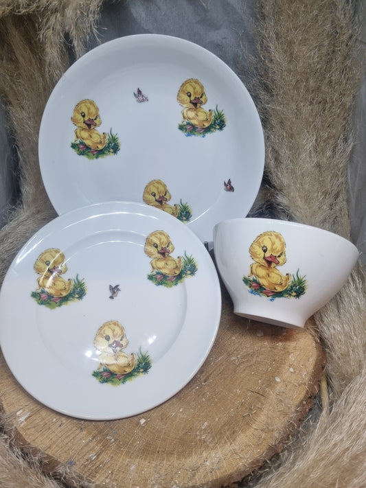 Assiette Calotte + Assiette Dessert + Bol Enfant Décor canneton